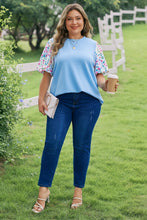 Load image into Gallery viewer, Light Blue Textured Bodice Contrast Floral Sleeve Plus Size Top