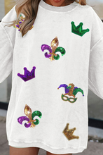 Load image into Gallery viewer, White Sequin Mardi Gras Symbol Crown Mask Patched Corded Sweatshirt