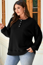 Load image into Gallery viewer, Black Solid Button Placket Crew Neck Plus Size Sweatshirt