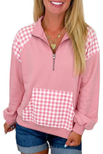 Load image into Gallery viewer, Coffee Patchwork Plaid Pocket Quarter Zip Sweatshirt