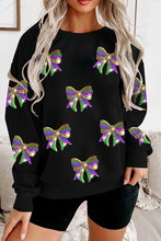 Load image into Gallery viewer, Black Sequin Mardi Gras Bow Graphic Drop Shoulder Pullover Sweatshirt