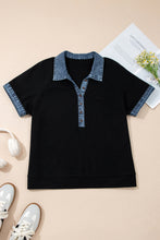 Load image into Gallery viewer, Black Plus Size Textured Contrast Denim Patchwork Button Polo Tee