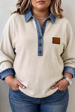 Load image into Gallery viewer, Light Grey V-Neck Long Sleeve Tunic Top with Denim Collar Cuffs Ribbed Texture Plus Size Blouse
