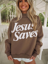 Load image into Gallery viewer, Mist Blue Jesus Saves Slogan Print Stand Neck Baggy Sweatshirt
