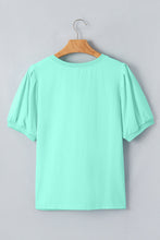 Load image into Gallery viewer, Turquoise Solid Color V Neck Short Puff Sleeve Blouse
