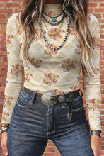 Load image into Gallery viewer, Apricot Floral Print Slim Fit Mesh Long Sleeve Mock Neck Top