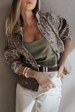 Load image into Gallery viewer, Khaki Abstract Print Long Sleeve Collar Raw Hem Denim Jacket
