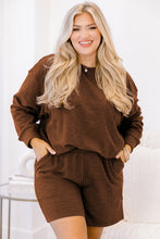 Load image into Gallery viewer, Chestnut Drop Shoulder Long Sleeve Top Elastic Waist Shorts Plus Size Set