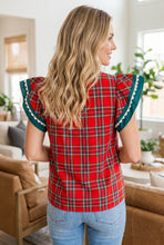 Load image into Gallery viewer, Red Plaid V Neck Short Sleeve Shift Blouse