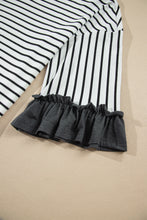 Load image into Gallery viewer, Gray Stripe V Neck Ruffle Contrast Sleeve Top Drawstring Pants 2pcs Set