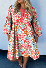 Load image into Gallery viewer, Pink Plus Size Button V Neck Leopard Print Puff Sleeve Loose Mini Dress