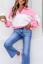 Load image into Gallery viewer, Rose Red Color Block Ricrac Trim Patchwork Collar V Neck Long Sleeve Top