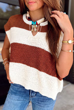 Load image into Gallery viewer, Brown Stripe Striped Colorblock Knit V Neck Short Sleeve Loose Sweater