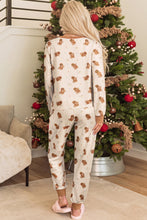 Load image into Gallery viewer, Khaki Abstract Gingerbread Print Colorblock Long Sleeve Two Piece Lounge Set