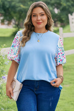 Load image into Gallery viewer, Light Blue Textured Bodice Contrast Floral Sleeve Plus Size Top