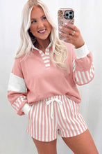 Load image into Gallery viewer, Black Striped Color Block Pullover Top Drawstring Shorts Set