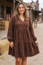 Load image into Gallery viewer, Coffee Winter Corduroy V Neck Long Sleeve Plus Size Mini Dress