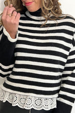 Load image into Gallery viewer, Black Striped High Neck Contrast Ruffle Detail Casual Sweater
