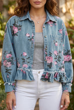 Load image into Gallery viewer, Sky Blue Floral Print Raw Seam Ruffle Hem Denim Jacket