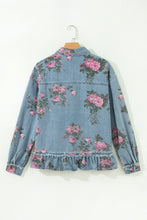 Load image into Gallery viewer, Sky Blue Floral Print Raw Seam Ruffle Hem Denim Jacket
