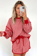 Load image into Gallery viewer, Brown Gingham Oversized Ribbed Trim Crew Neck Long Sleeve Top and Skort Set