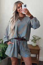 Load image into Gallery viewer, Blue Stripe Oversized Long Sleeve Top Drawstring Loose Shorts 2pcs Set