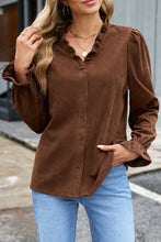 Load image into Gallery viewer, Coffee Solid Color Ruffle Trim V Neck Long Sleeve Button Corduroy Shakcet