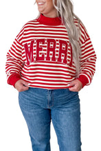 Load image into Gallery viewer, Red Stripe Plus Size MERRY Festive Letter Embroidery Patched Graphic Pullover Sweatshirt