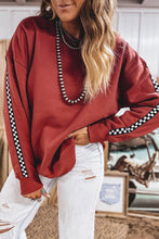 Load image into Gallery viewer, Mineral Red Checkered Trim Long Sleeve Round Neck Shift Sweatshirt