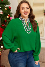 Load image into Gallery viewer, Green Plus Size Contrast Leopard Trim Split Neck Puff Sleeve Blouse