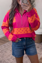 Load image into Gallery viewer, Brown Stripe Patchwork Polka Dot Accent Quarter Zip Long Sleeve Top