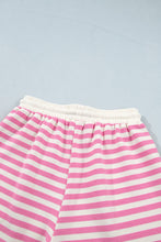 Load image into Gallery viewer, Pink Striped Long Sleeve Crew Neck Drawstring Waist Shorts Set