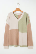 Load image into Gallery viewer, Green Plus Mixed Texture Color Block Patchwork V Neck Long Sleeve Top