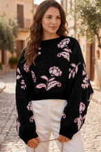 Load image into Gallery viewer, Black Floral Pattern Puff Sleeve Dropped Shoulder Pullover Sweater