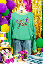 Load image into Gallery viewer, Bright Green Twisted Ribbed mardi gras Sequin Graphic Exposed Seam Patchwork Pullover Top