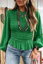 Load image into Gallery viewer, Bright Green Solid Color Smocked Ruffle Hem Long Sleeve Blouse