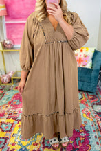 Load image into Gallery viewer, Chestnut Smocked V Neckline Leopard Piping Accent Bracelet Plus Size Long Dress