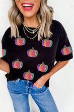 Load image into Gallery viewer, Black Sequined Pumpkin Graphic Round Neck Casual T Shirt