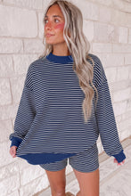 Load image into Gallery viewer, Blue Stripe Ribbed Patchwork Mock Neck Baggy Pullover Matching Shorts Set