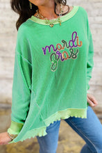 Load image into Gallery viewer, Bright Green Twisted Ribbed mardi gras Sequin Graphic Exposed Seam Patchwork Pullover Top