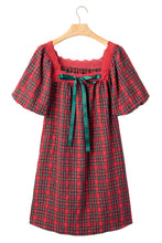 Load image into Gallery viewer, Red Plaid Square Collar Lace Trim Short Sleeve Shift Mini Dress