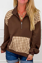 Load image into Gallery viewer, Coffee Patchwork Plaid Pocket Quarter Zip Sweatshirt