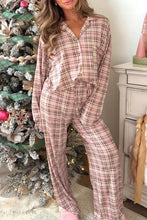 Load image into Gallery viewer, Pink Plaid Patch Pockets Long Sleeve Lounge Set