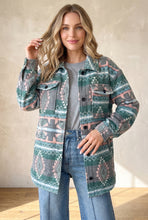 Load image into Gallery viewer, Green Geometric Print Button Front Long Sleeve Shacket