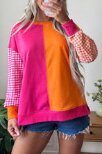 Load image into Gallery viewer, Rose Red Colorblock Gingham Sleeve Crewneck Sweatshirt