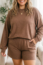 Load image into Gallery viewer, Chestnut Drop Shoulder Long Sleeve Top Elastic Waist Shorts Plus Size Set