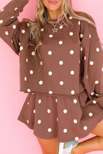 Load image into Gallery viewer, Brown Polka Dot Raw Hem Relaxed Pullover Loose Skort Two Piece Set