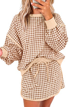 Load image into Gallery viewer, Green Gingham Oversized Ribbed Trim Crew Neck Long Sleeve Top and Skort Set