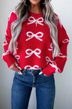 Load image into Gallery viewer, Fiery Red All Over Bow Dropped Shoulder Round Neck Shift Sweater