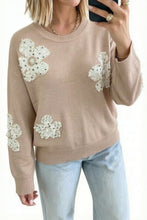 Load image into Gallery viewer, Smoke Gray Beaded Floral Patchwork Ribbed Trim Round Neck Sweater